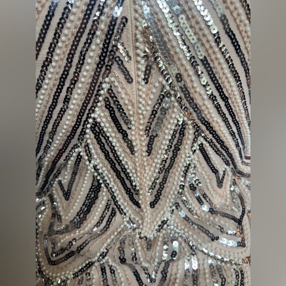 Dazzling Beige And Silver Fringed Beaded Flapper Dress 100% Polyester Size M - Picture 10 of 13